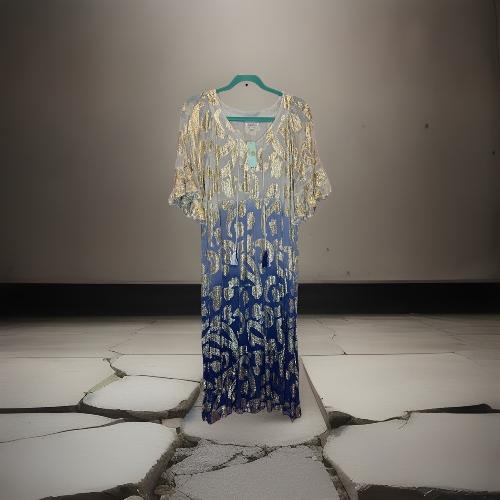 Debbie Katz Resort Metallic Blue & Gold Ombre Kaftan Maxi Dress NWT